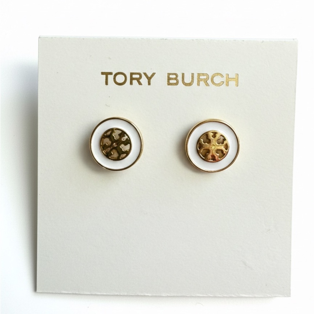 Tory Burch Gold and White Logo Stud Earrings